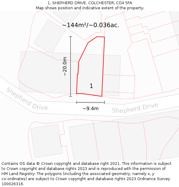 1, SHEPHERD DRIVE, COLCHESTER, CO4 5FA: Plot and title map