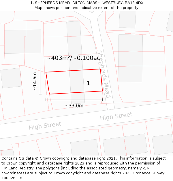 1, SHEPHERDS MEAD, DILTON MARSH, WESTBURY, BA13 4DX: Plot and title map