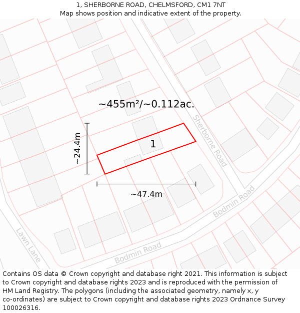 1, SHERBORNE ROAD, CHELMSFORD, CM1 7NT: Plot and title map