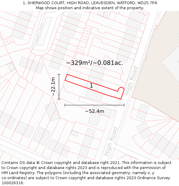 1, SHERWOOD COURT, HIGH ROAD, LEAVESDEN, WATFORD, WD25 7PA: Plot and title map