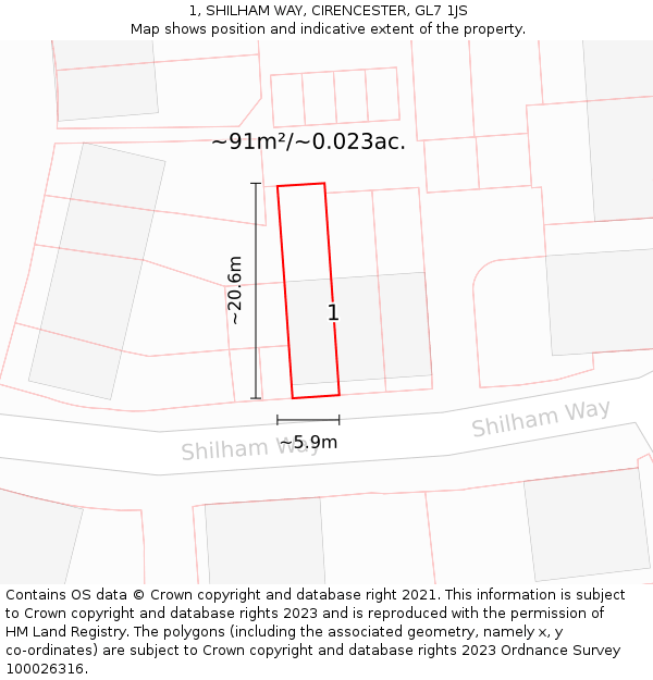 1, SHILHAM WAY, CIRENCESTER, GL7 1JS: Plot and title map