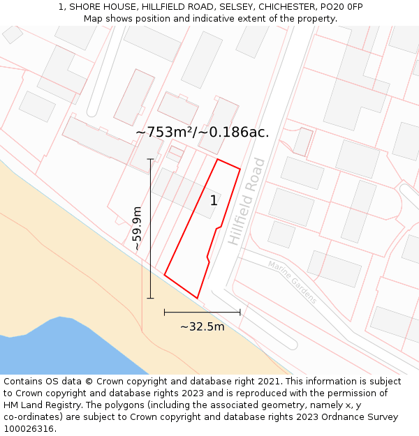 1, SHORE HOUSE, HILLFIELD ROAD, SELSEY, CHICHESTER, PO20 0FP: Plot and title map