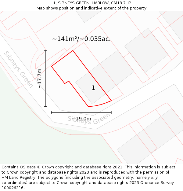 1, SIBNEYS GREEN, HARLOW, CM18 7HP: Plot and title map