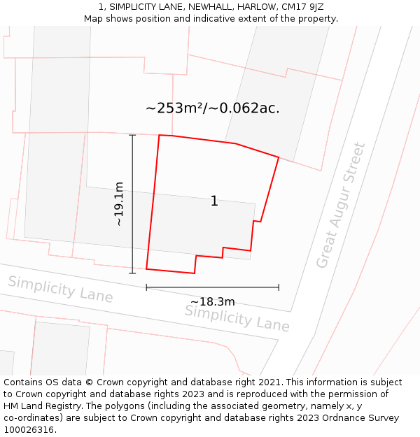 1, SIMPLICITY LANE, NEWHALL, HARLOW, CM17 9JZ: Plot and title map