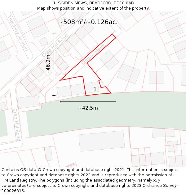 1, SINDEN MEWS, BRADFORD, BD10 0AD: Plot and title map