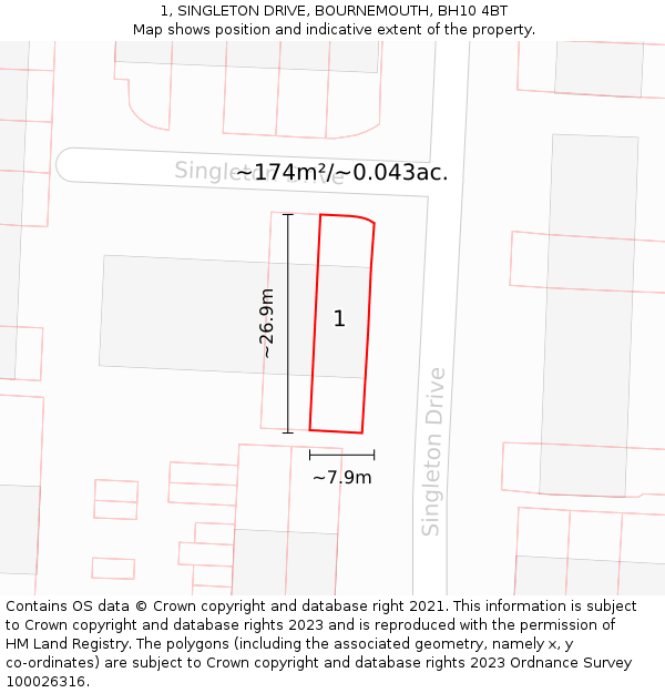 1, SINGLETON DRIVE, BOURNEMOUTH, BH10 4BT: Plot and title map