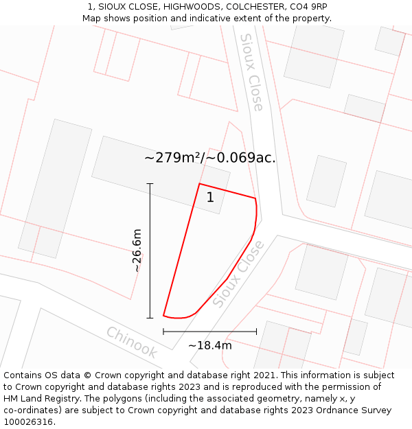 1, SIOUX CLOSE, HIGHWOODS, COLCHESTER, CO4 9RP: Plot and title map