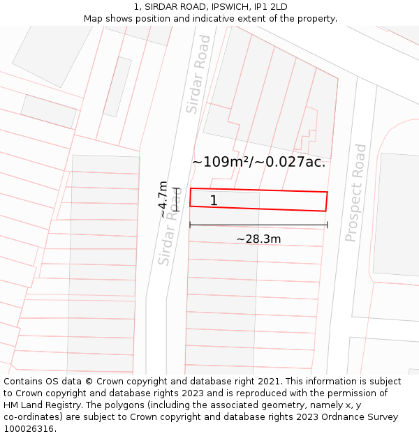 1, SIRDAR ROAD, IPSWICH, IP1 2LD: Plot and title map