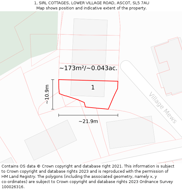 1, SIRL COTTAGES, LOWER VILLAGE ROAD, ASCOT, SL5 7AU: Plot and title map