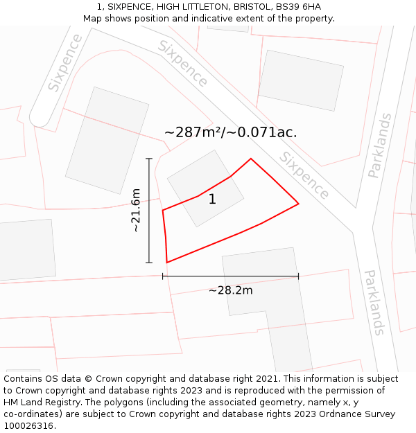 1, SIXPENCE, HIGH LITTLETON, BRISTOL, BS39 6HA: Plot and title map