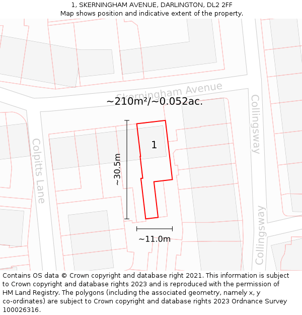 1, SKERNINGHAM AVENUE, DARLINGTON, DL2 2FF: Plot and title map