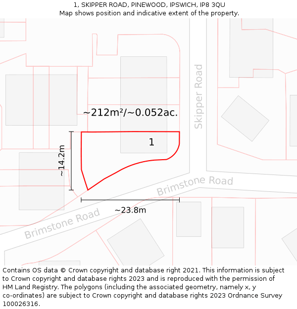 1, SKIPPER ROAD, PINEWOOD, IPSWICH, IP8 3QU: Plot and title map