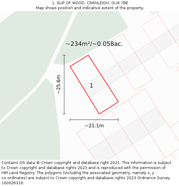1, SLIP OF WOOD, CRANLEIGH, GU6 7BE: Plot and title map