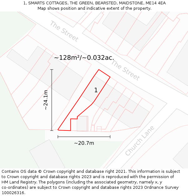 1, SMARTS COTTAGES, THE GREEN, BEARSTED, MAIDSTONE, ME14 4EA: Plot and title map