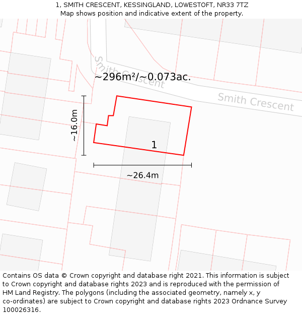 1, SMITH CRESCENT, KESSINGLAND, LOWESTOFT, NR33 7TZ: Plot and title map
