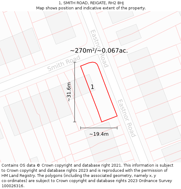 1, SMITH ROAD, REIGATE, RH2 8HJ: Plot and title map
