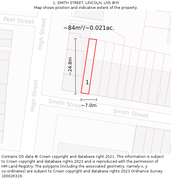1, SMITH STREET, LINCOLN, LN5 8HY: Plot and title map