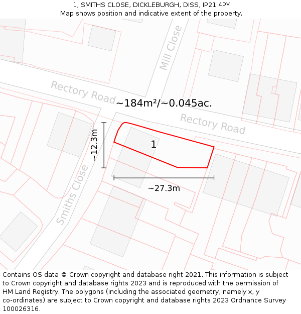 1, SMITHS CLOSE, DICKLEBURGH, DISS, IP21 4PY: Plot and title map