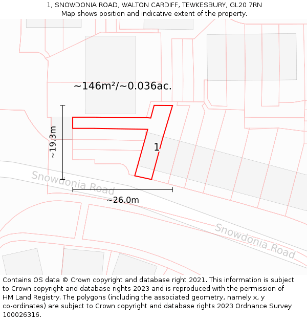 1, SNOWDONIA ROAD, WALTON CARDIFF, TEWKESBURY, GL20 7RN: Plot and title map