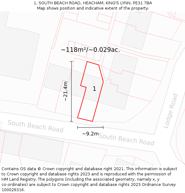 1, SOUTH BEACH ROAD, HEACHAM, KING'S LYNN, PE31 7BA: Plot and title map