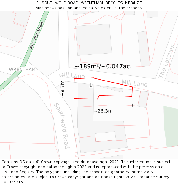 1, SOUTHWOLD ROAD, WRENTHAM, BECCLES, NR34 7JE: Plot and title map