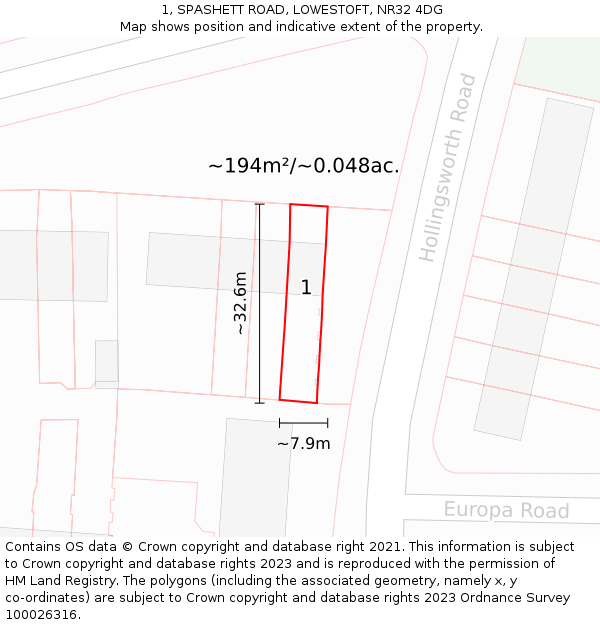1, SPASHETT ROAD, LOWESTOFT, NR32 4DG: Plot and title map