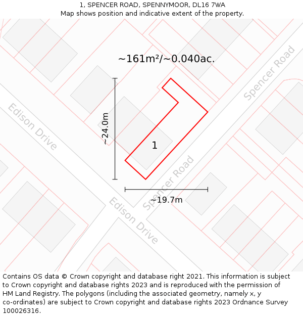 1, SPENCER ROAD, SPENNYMOOR, DL16 7WA: Plot and title map