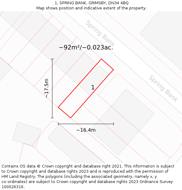 1, SPRING BANK, GRIMSBY, DN34 4BQ: Plot and title map
