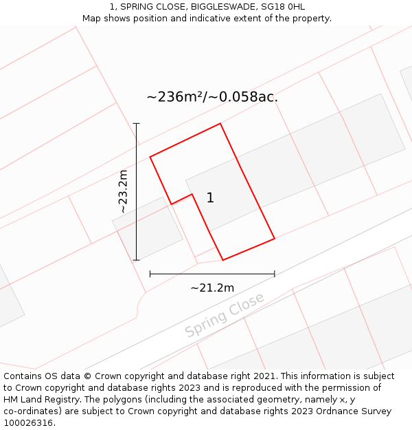 1, SPRING CLOSE, BIGGLESWADE, SG18 0HL: Plot and title map