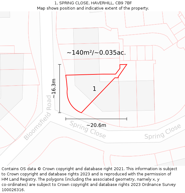1, SPRING CLOSE, HAVERHILL, CB9 7BF: Plot and title map