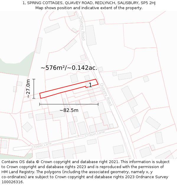1, SPRING COTTAGES, QUAVEY ROAD, REDLYNCH, SALISBURY, SP5 2HJ: Plot and title map