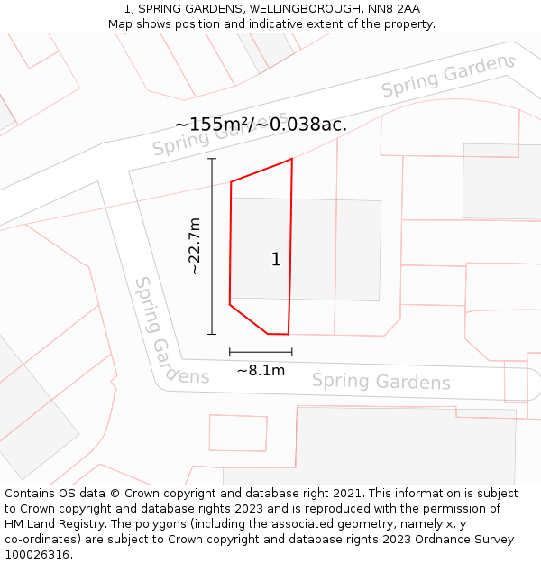 1, SPRING GARDENS, WELLINGBOROUGH, NN8 2AA: Plot and title map