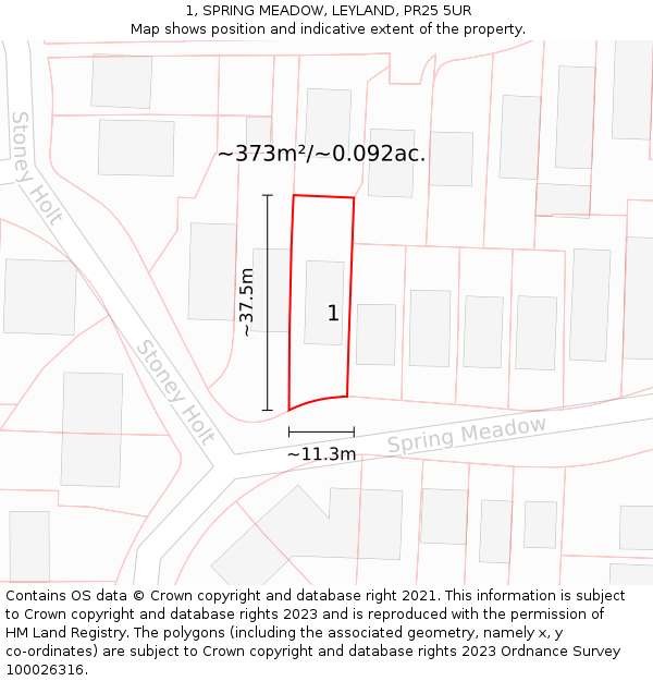 1, SPRING MEADOW, LEYLAND, PR25 5UR: Plot and title map