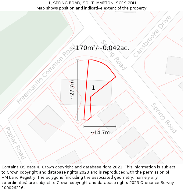 1, SPRING ROAD, SOUTHAMPTON, SO19 2BH: Plot and title map