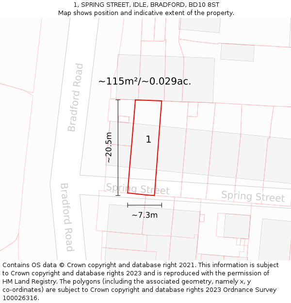1, SPRING STREET, IDLE, BRADFORD, BD10 8ST: Plot and title map