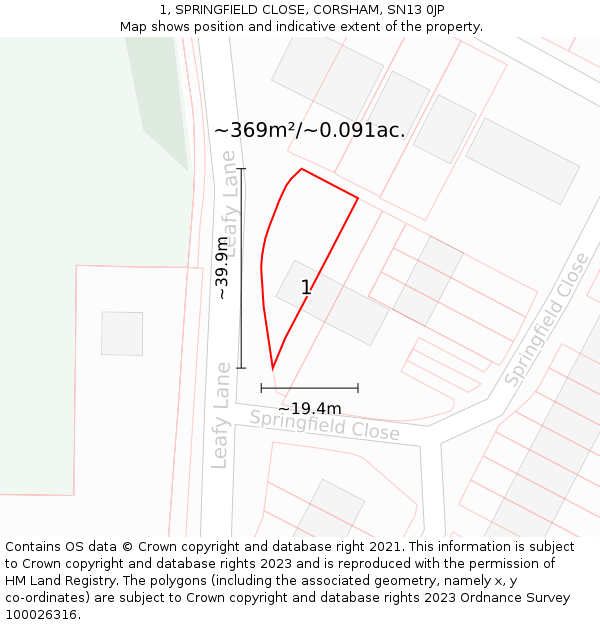 1, SPRINGFIELD CLOSE, CORSHAM, SN13 0JP: Plot and title map