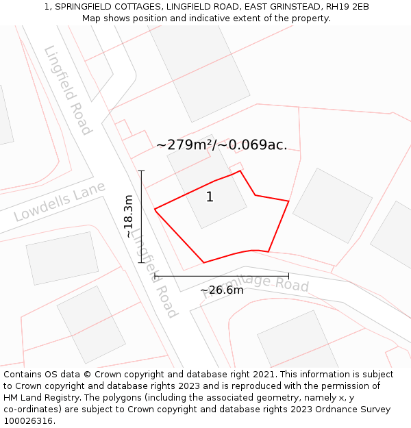 1, SPRINGFIELD COTTAGES, LINGFIELD ROAD, EAST GRINSTEAD, RH19 2EB: Plot and title map