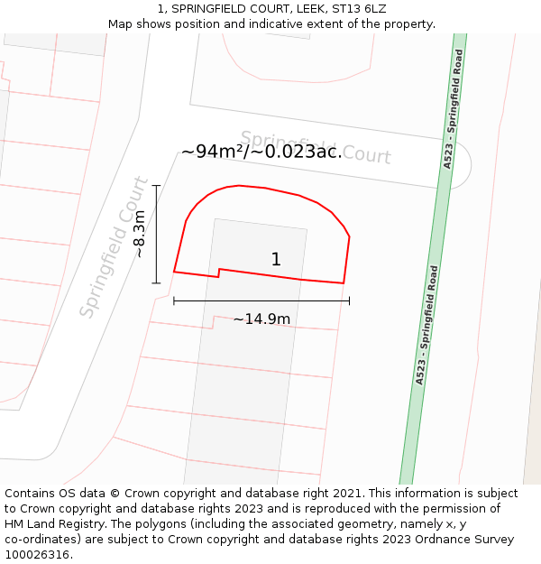 1, SPRINGFIELD COURT, LEEK, ST13 6LZ: Plot and title map
