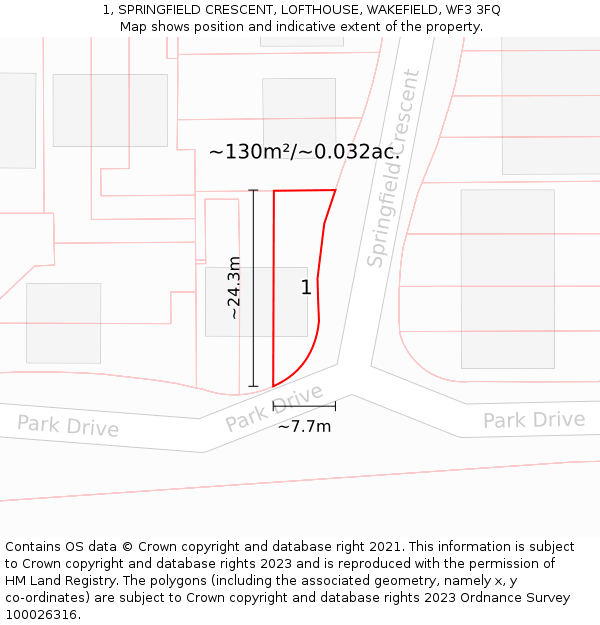 1, SPRINGFIELD CRESCENT, LOFTHOUSE, WAKEFIELD, WF3 3FQ: Plot and title map