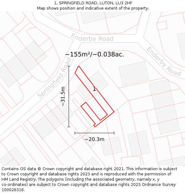 1, SPRINGFIELD ROAD, LUTON, LU3 2HF: Plot and title map