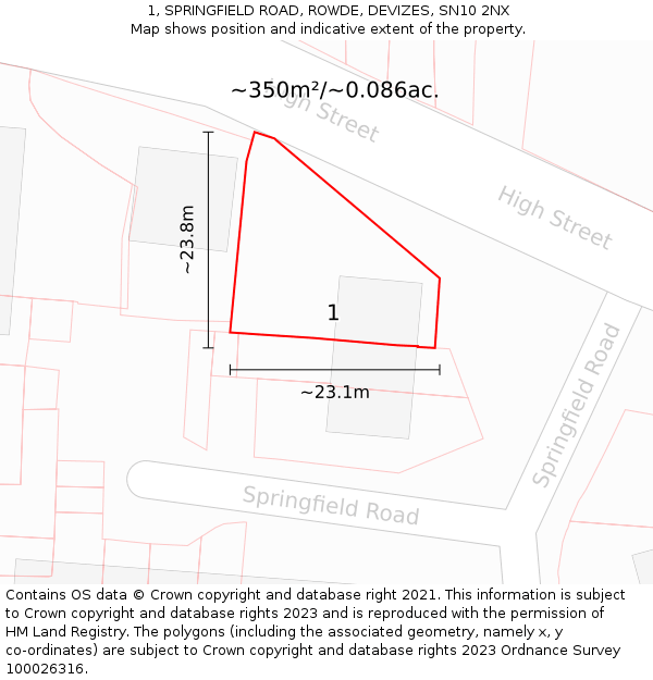 1, SPRINGFIELD ROAD, ROWDE, DEVIZES, SN10 2NX: Plot and title map