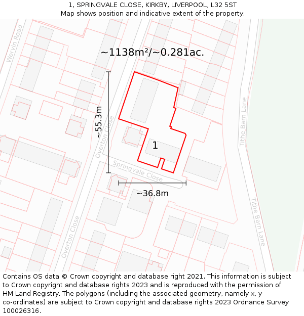 1, SPRINGVALE CLOSE, KIRKBY, LIVERPOOL, L32 5ST: Plot and title map