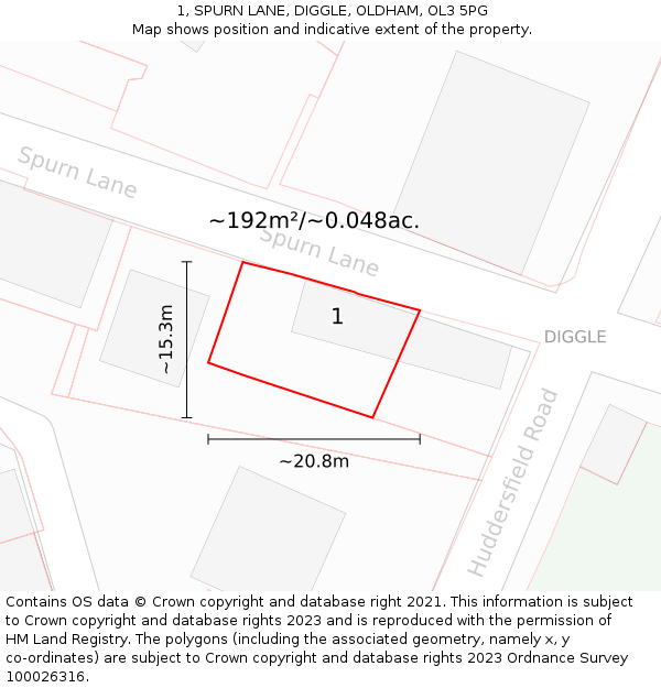 1, SPURN LANE, DIGGLE, OLDHAM, OL3 5PG: Plot and title map