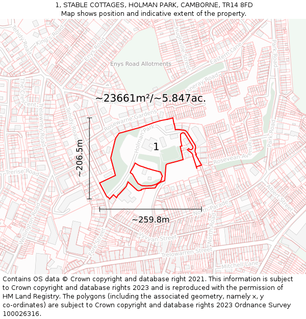1, STABLE COTTAGES, HOLMAN PARK, CAMBORNE, TR14 8FD: Plot and title map