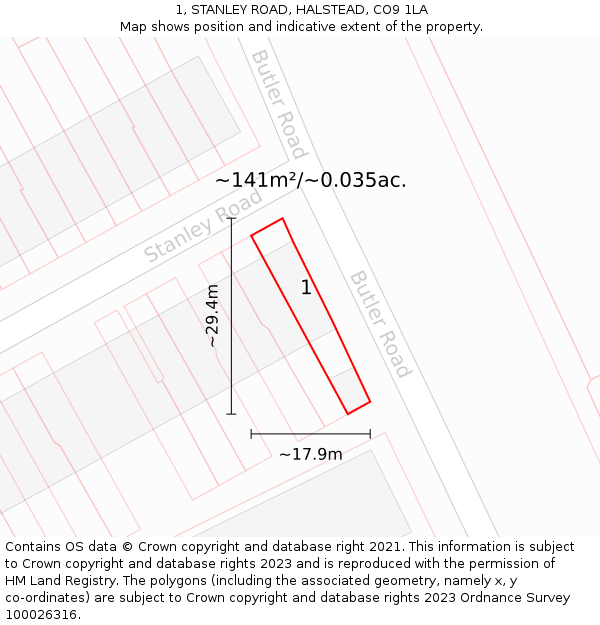 1, STANLEY ROAD, HALSTEAD, CO9 1LA: Plot and title map