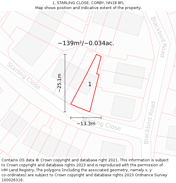 1, STARLING CLOSE, CORBY, NN18 8FL: Plot and title map