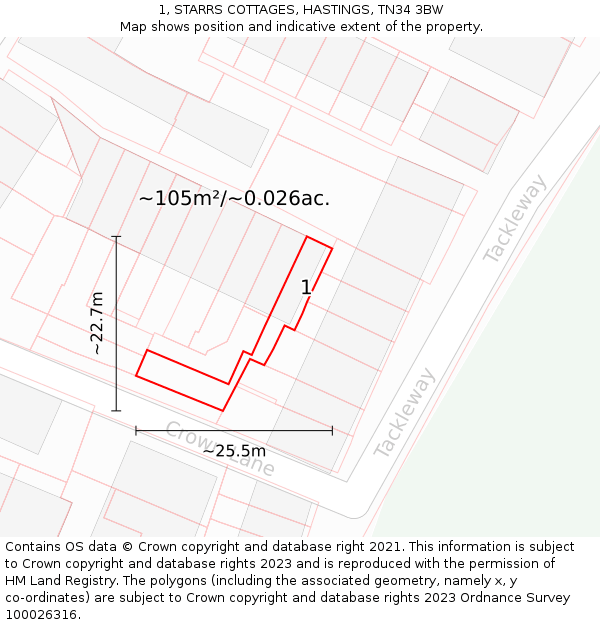 1, STARRS COTTAGES, HASTINGS, TN34 3BW: Plot and title map