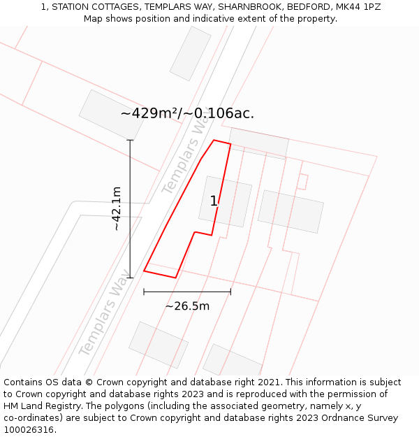 1, STATION COTTAGES, TEMPLARS WAY, SHARNBROOK, BEDFORD, MK44 1PZ: Plot and title map