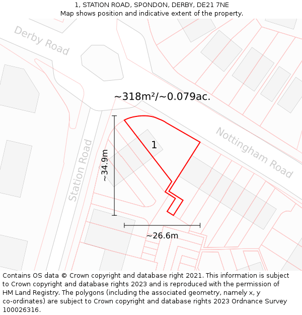 1, STATION ROAD, SPONDON, DERBY, DE21 7NE: Plot and title map