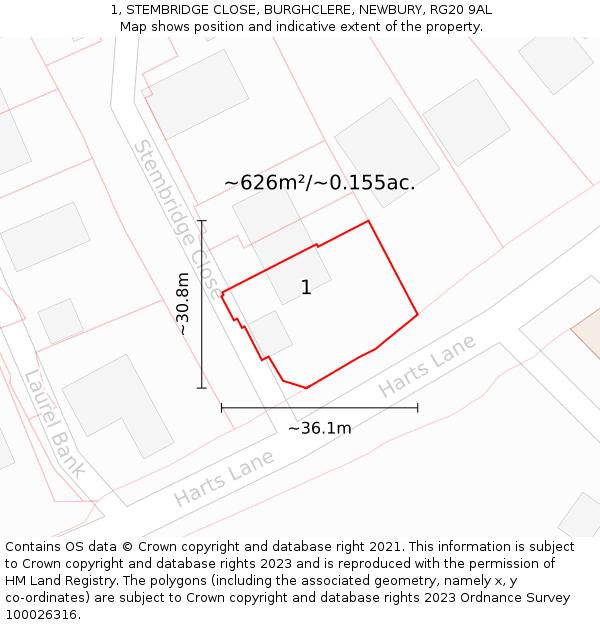 1, STEMBRIDGE CLOSE, BURGHCLERE, NEWBURY, RG20 9AL: Plot and title map